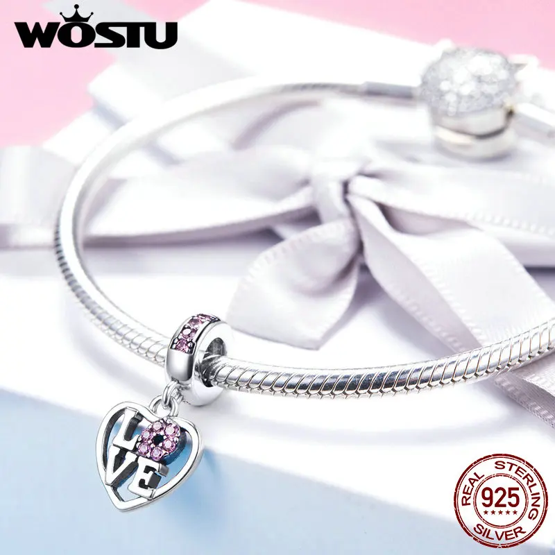 WOSTU роскошный настоящий 925 пробы Серебряный Любовник Сердце Бусина Подвески Подвеска подходит браслет для женщин серебряные ювелирные изделия подарок FIC1044