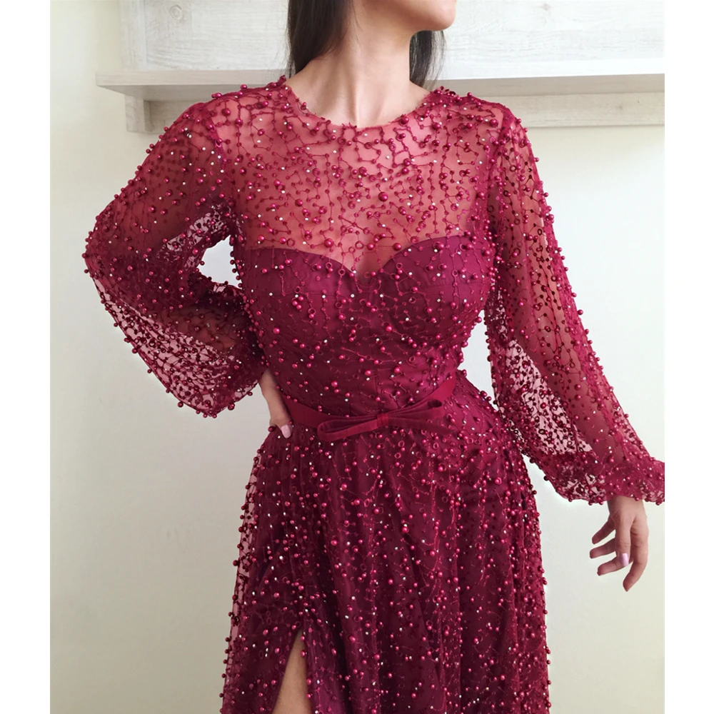 

Luxury Burgundy Long Sleeve Arabic Evening Dress High Split A Line Pearls Formal Long Prom Gowns Custom Made Robe De Soiree