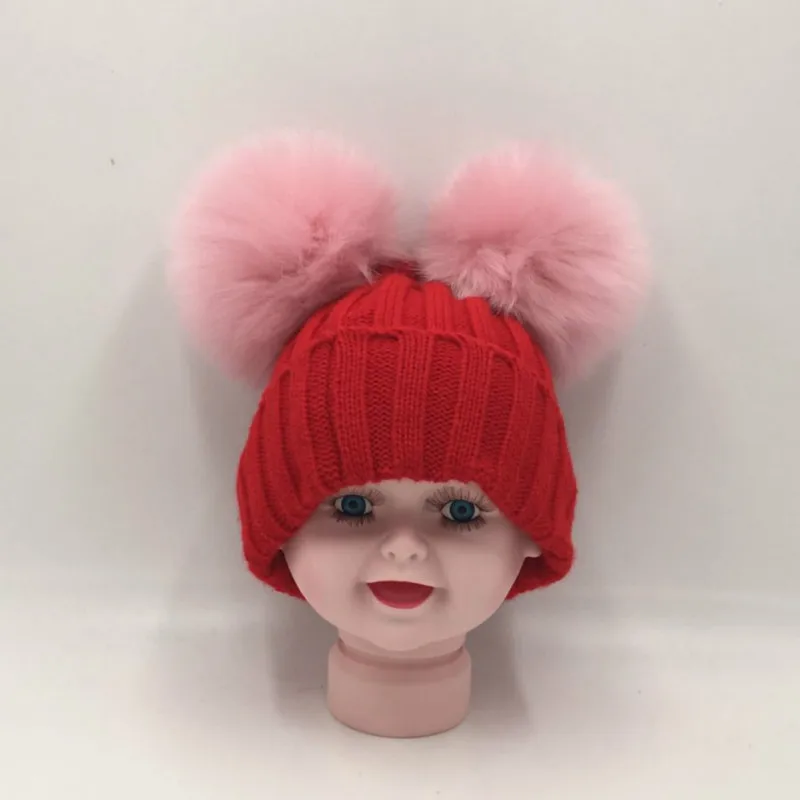 pink3 Которая в душе для маленьких девочек и мальчиков bobble вязаная зимняя шапка с двумя помпон, Верхняя теплая шапка с двойным меховым помпоном, детская шапочка - Цвет: pink3