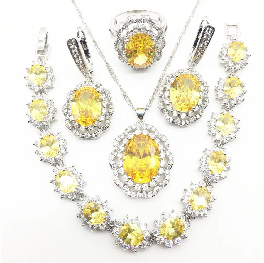 925 Серебряные Ювелирные изделия с белым цирконом в комплекте для женщин: Серьги/Подвеска/Ожерелье/Кольца/Браслет.