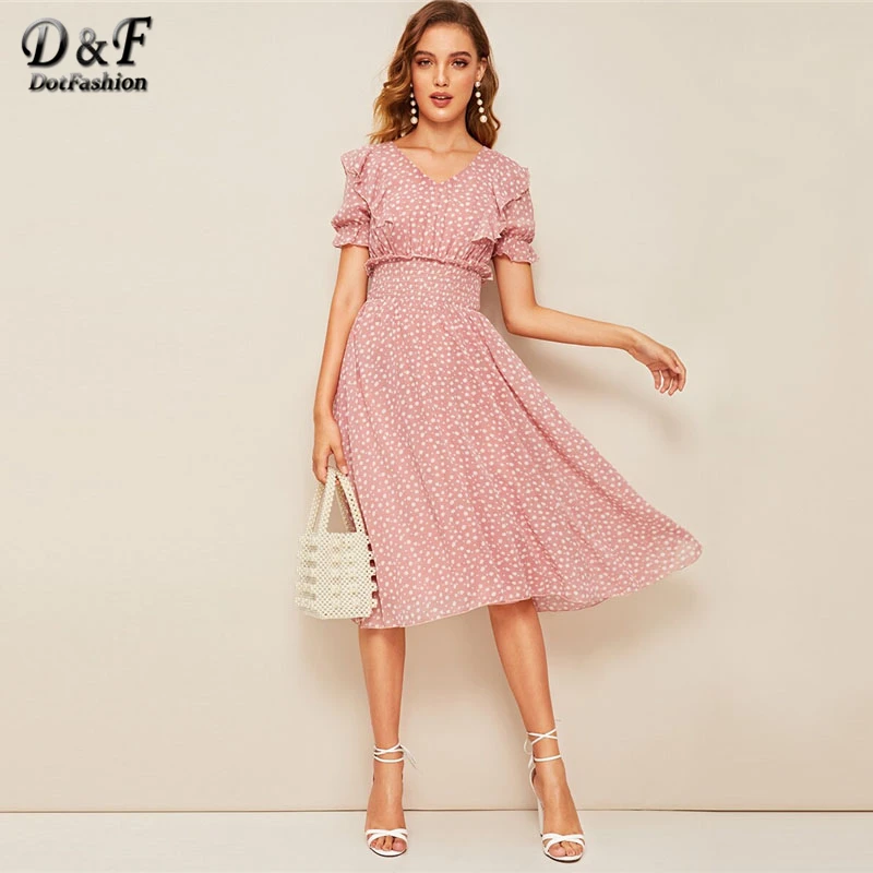Dotfashion, розовое платье с оборками, с пышными рукавами, гофрированное, приталенное, женское, лето, бохо, v-образный вырез, для девушек, ТРАПЕЦИЕВИДНОЕ, с высокой талией, платье es