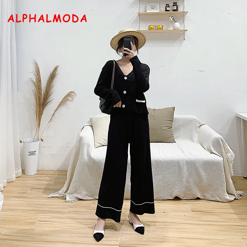 

ALPHALMODA V-collar Jacket + Broad-legged Pants Spring Fashion 2pcs Knitting Suit Women Comfortable Sweater Cardigan Trouser Set