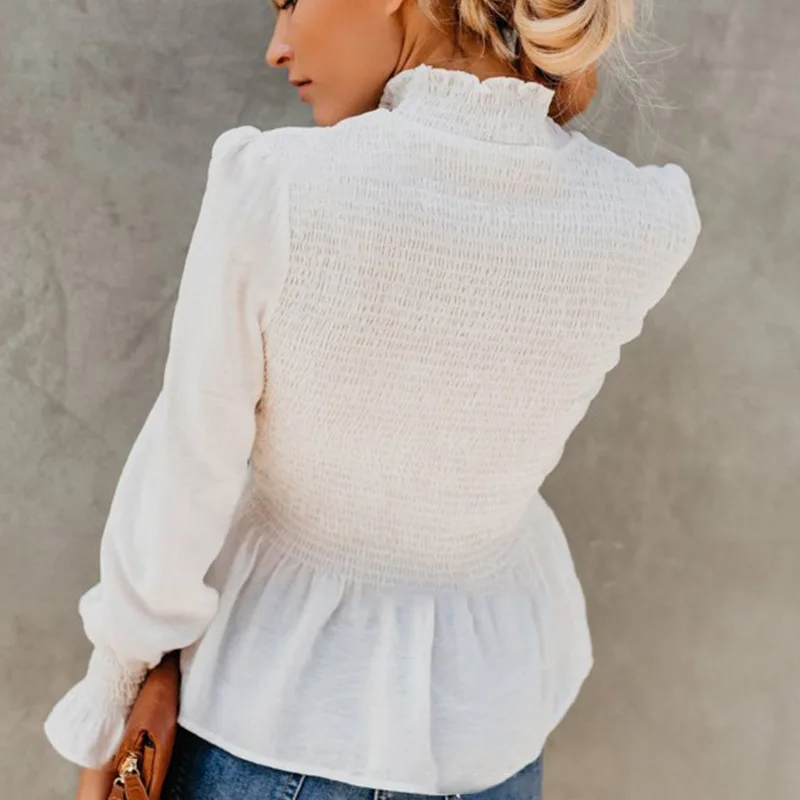 2019 элегантная женская блузка с рукавом фонариком и воротником стойкой оборками