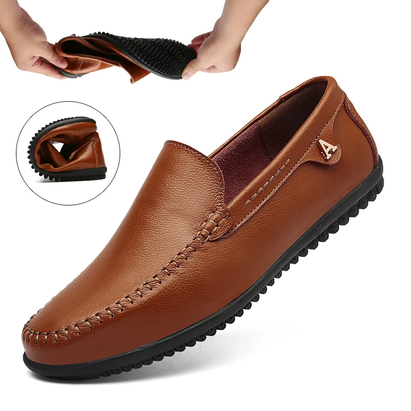 

ALCUBIEREE Summer Flexible Driving Shoes Mens Breathable Slip-on Flats Loafers Handmade Leather Moccasins Boat Shoes Big Size 47