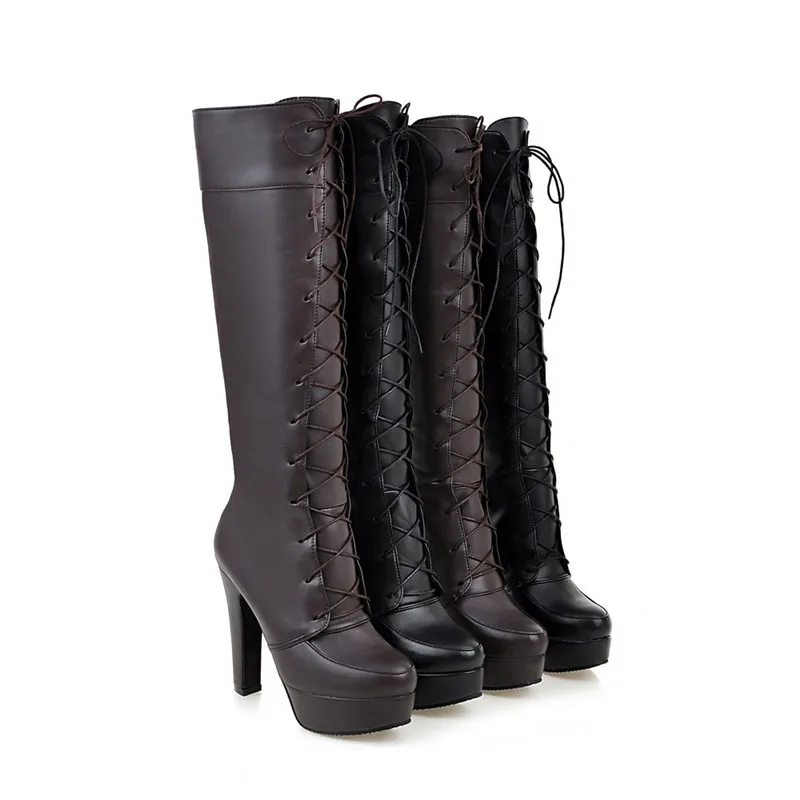 ASUMER new arrive women boots black brown high quality pu lace up knee solid color platform super ladies | Обувь