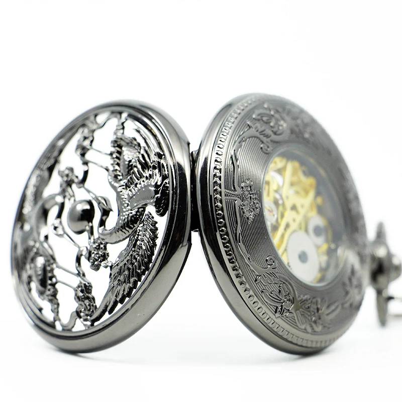 Black Flying Birds Playing Hollow Mechanical Pocket Watch Vintage Pendant Necklace Bracelet Steampunk Clock Gift