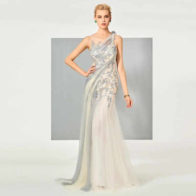 Вечернее платье Tanpell с глубоким круглым вырезом аппликацией и молнией до пола