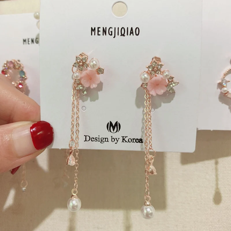 MENGJIQIAO новые элегантные розовые блестящие циркониевые цветочные круглые длинные висячие серьги для женщин Изящные Ювелирные изделия с микро-покрытием - Окраска металла: WX-PINK B