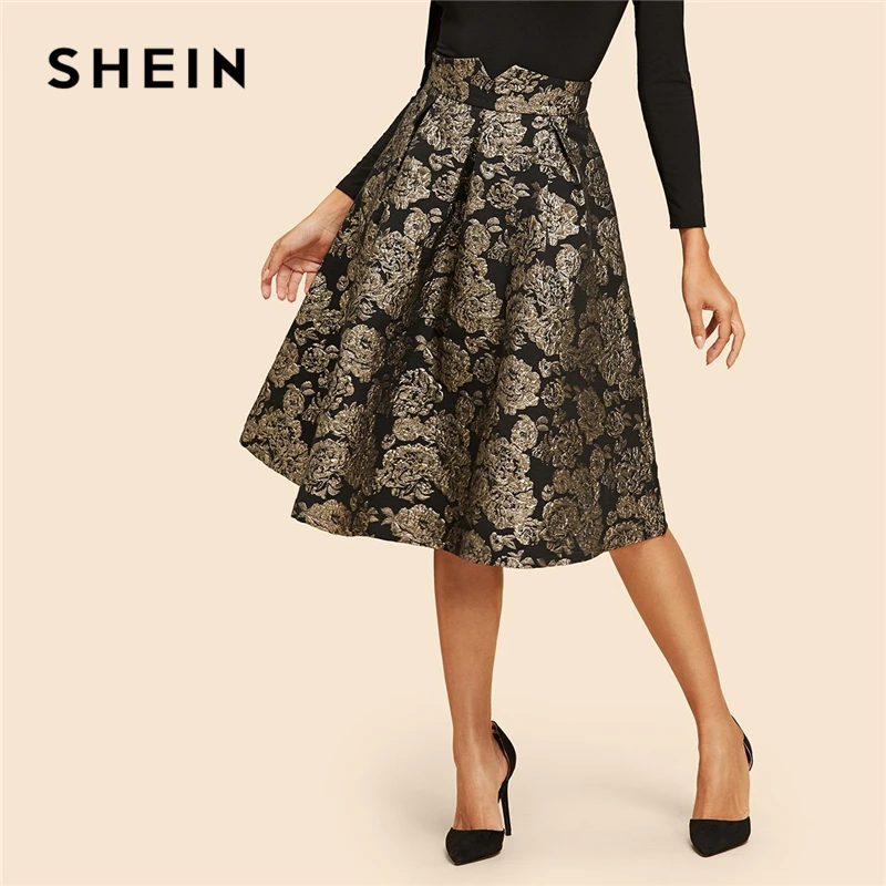 SHEIN винтажная Юбка До Колена с золотым цветочным принтом со средней талией Осенняя элегантная Современная Женская юбка