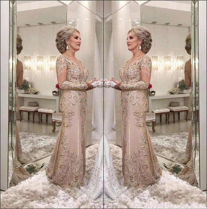 

2020 Luxury Mother Of The Bride Dresses V Neck Illusion Long Sleeves Crystal Beaded Mermaid Party Evening Wedding