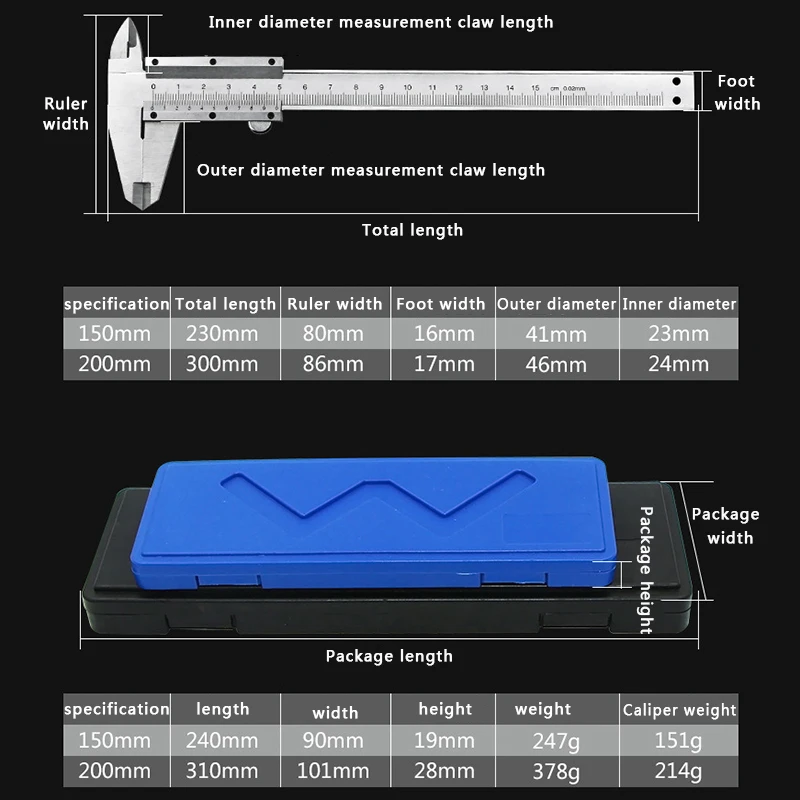 

Vernier Caliper 0-150mm 200mm 0.02mm Metal Calipers Gauge Gray Micrometer Measuring Tools Vernier Caliper Tool Ruler