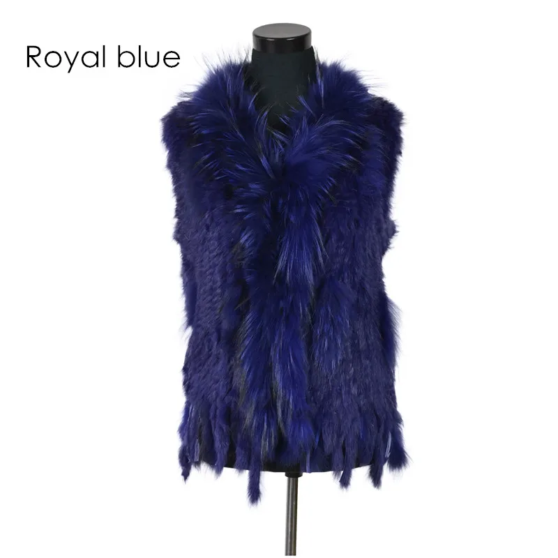 Royal blue VR001-17,, женский жилет из натурального кроличьего меха с воротником из меха енота, жилет/куртки из кроличьего меха - Цвет: Royal blue