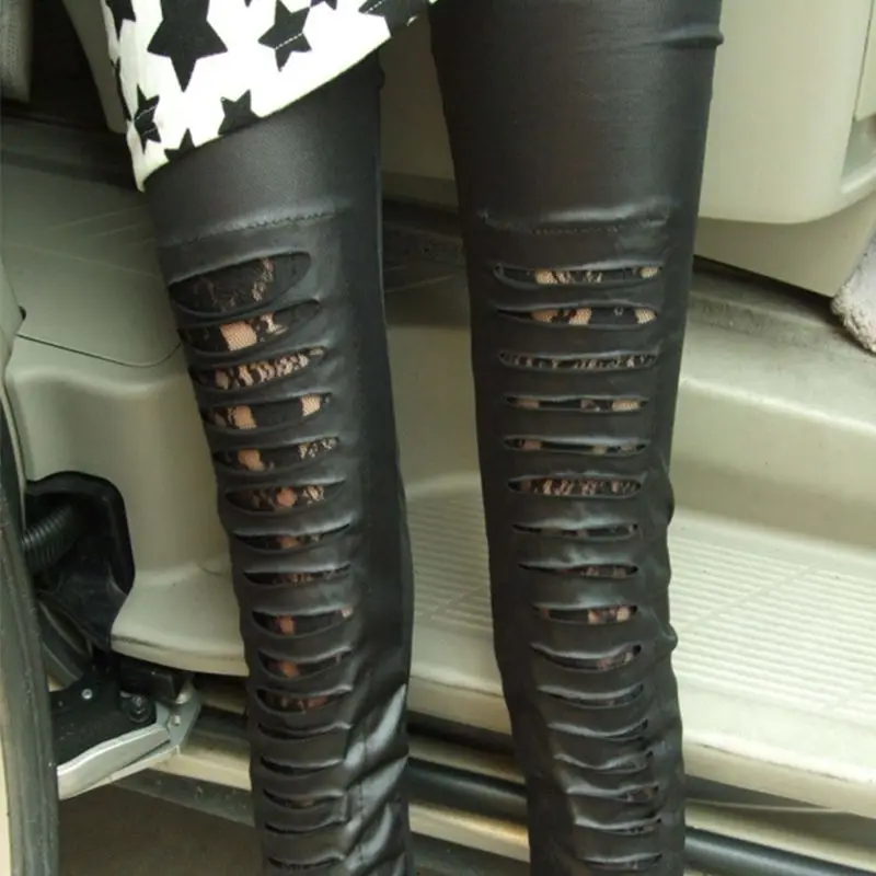 Женские штаны для фитнеса в полоску из искусственной кожи с дырками рваные