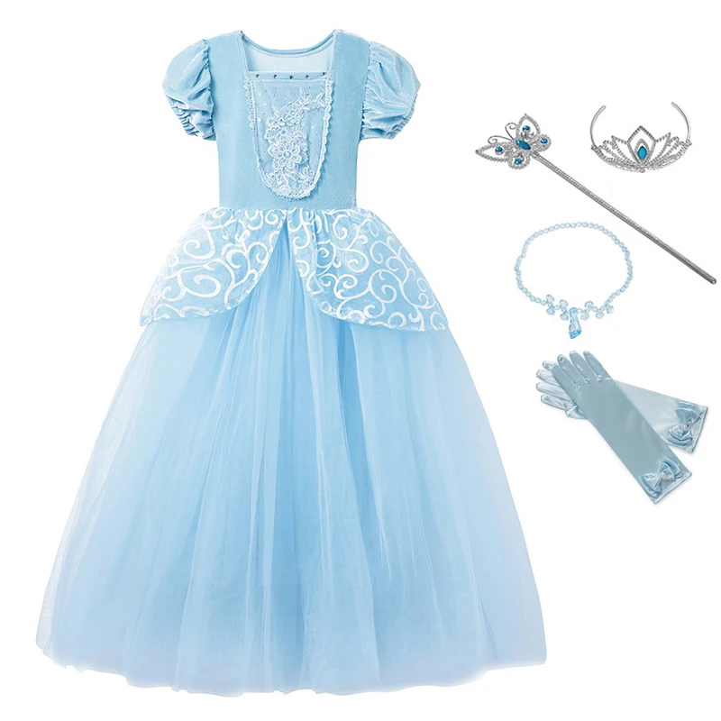 Girls Cendrillon Dress up Cosplay Costumes Kids Puff Sleeve Embroidery Blue Clothes Child Christmas Birthday Princess Dresses | Детская