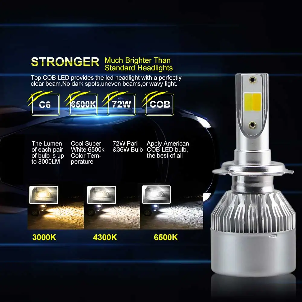 Комплект светодиодных автомобильных фар DARKEYE 8000K 4300K H4 H7 H1 H11 9005 HB3 9006 HB4 H8 2 шт. 72 Вт