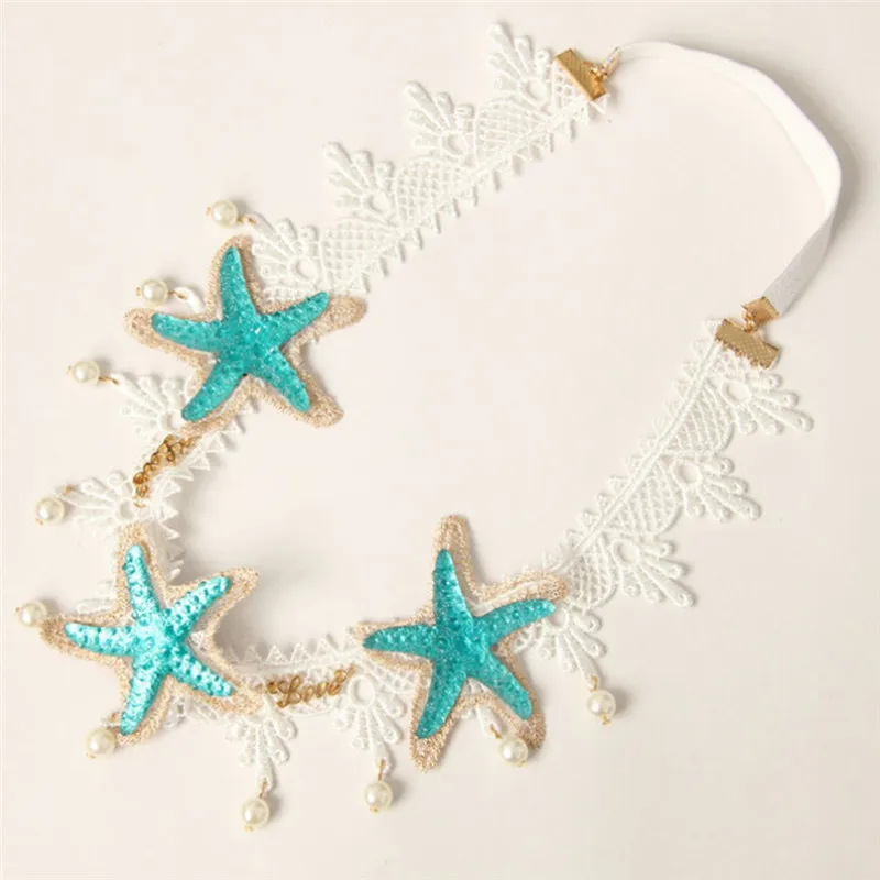 1PC Handmade Lace Artificial Flowers Starfish Hemp Twine Nature Shell Hairbands Women Headband Hair Jewelry size: 6 x 5.5 cm |