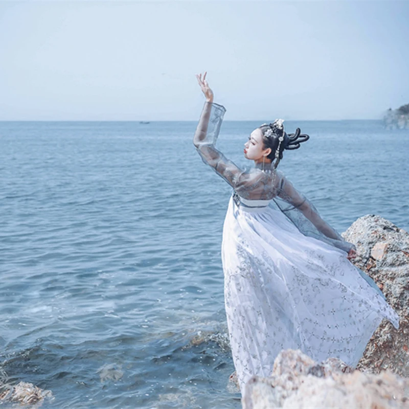 Белый праздничный костюм Hanfu танцевальный для женщин фестивальный Рейв одежда