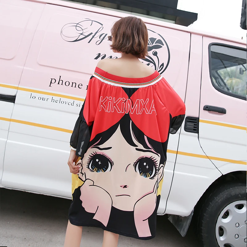 Summer short-sleeved dress female 2019 large size women's trend print off-shoulder loose casual T-shirt 5 points sleeve skirt | Женская