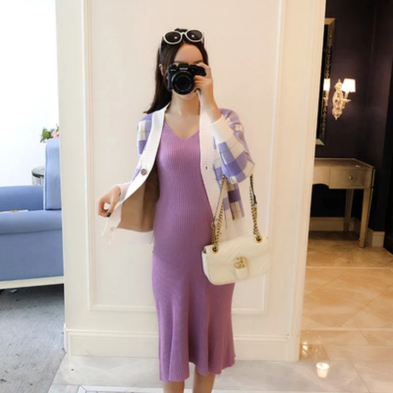 2 шт./компл. клетчатый кардиган для беременных + тонкое трикотажное платье на