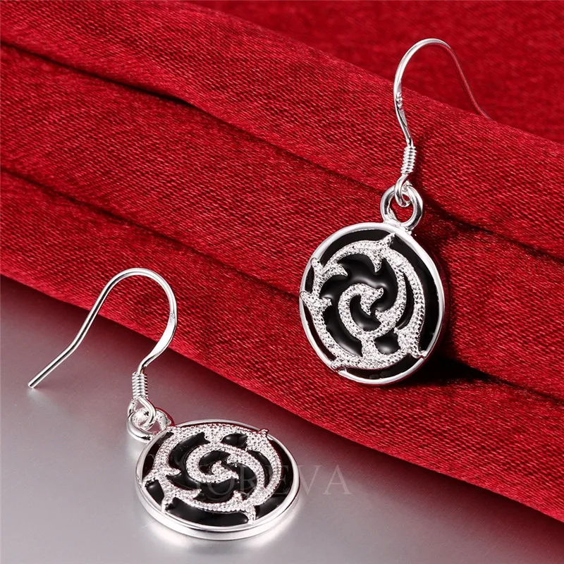 Винтаж цветочным узором серьги круглый эмалевый для женщин посеребренная черный