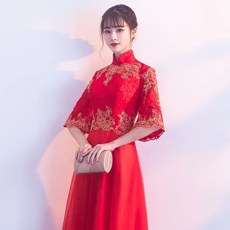 Модное кружевное платье Ципао в Корейском стиле с коротким рукавом Cheongsam Goddess 2018