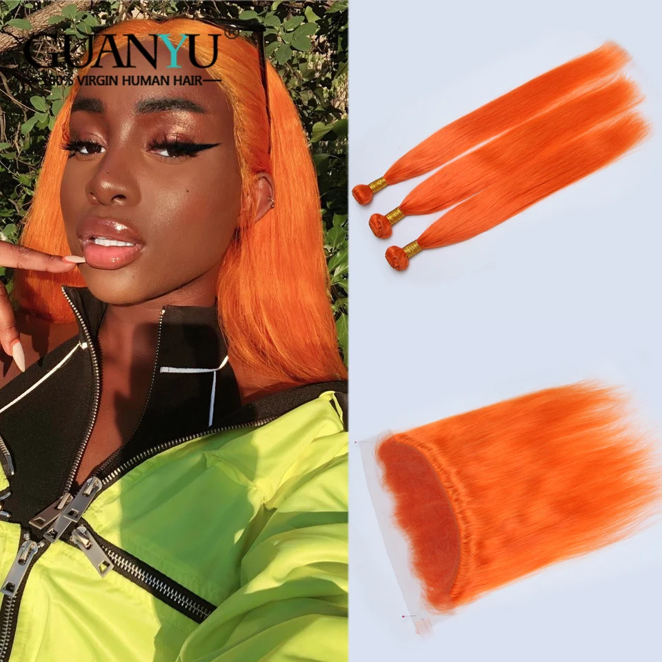 Guanyuhair чистый оранжевый Малайзийский Remy натуральные волосы Weave 3 Связки с фронтальной синтетическое закрытие волос уха до уха прямые оранжевы