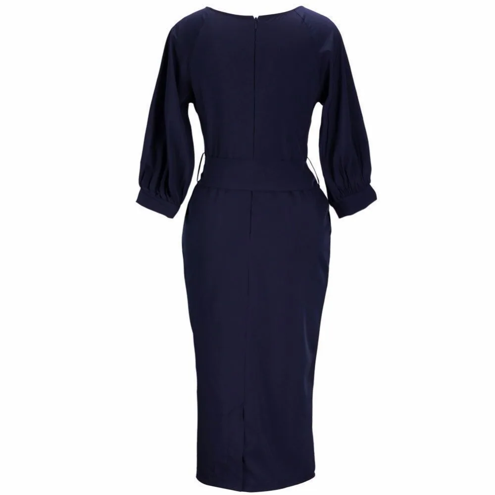 LKGHULO 2018 Women Midi Dress Elegant Peplum Vintage Dresses Casual Work Office Party Bodycon Belt Pencil Sheath A44 | Женская одежда