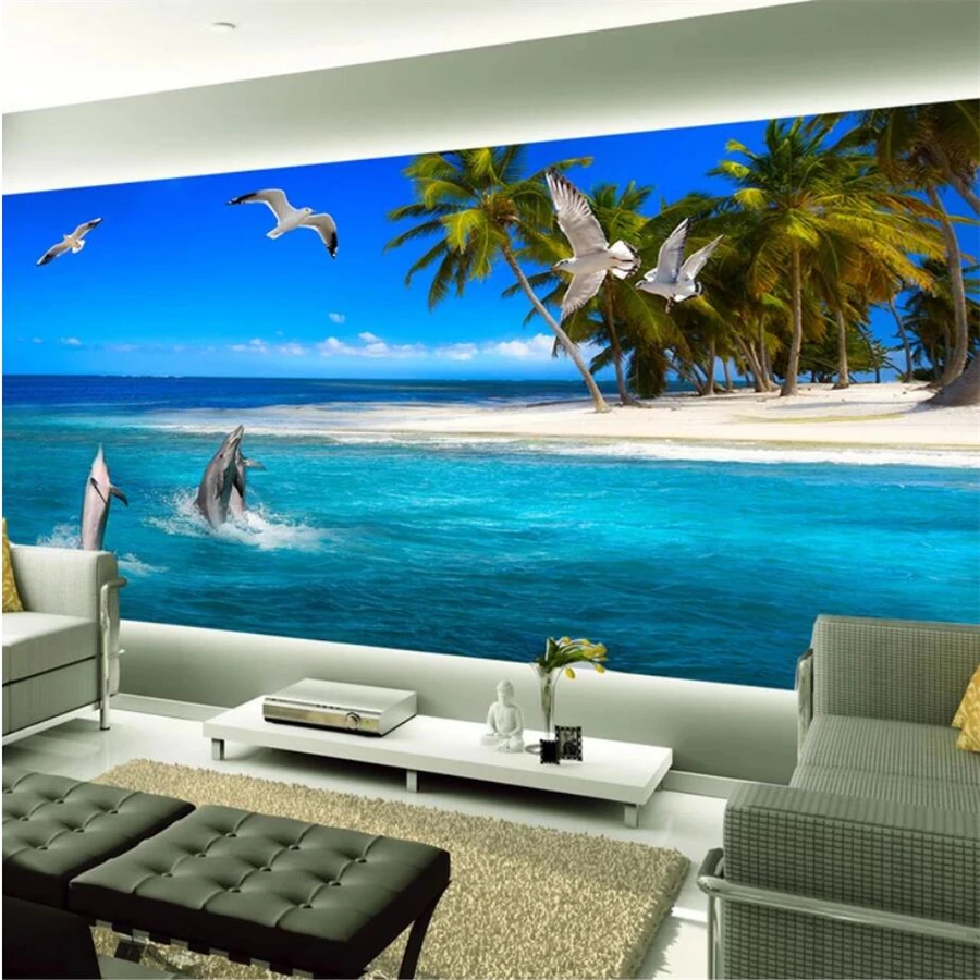 

beibehang Custom wallpaper 3d photo murals creative dolphin play water coconut seagull sea background wall paper papel de parede