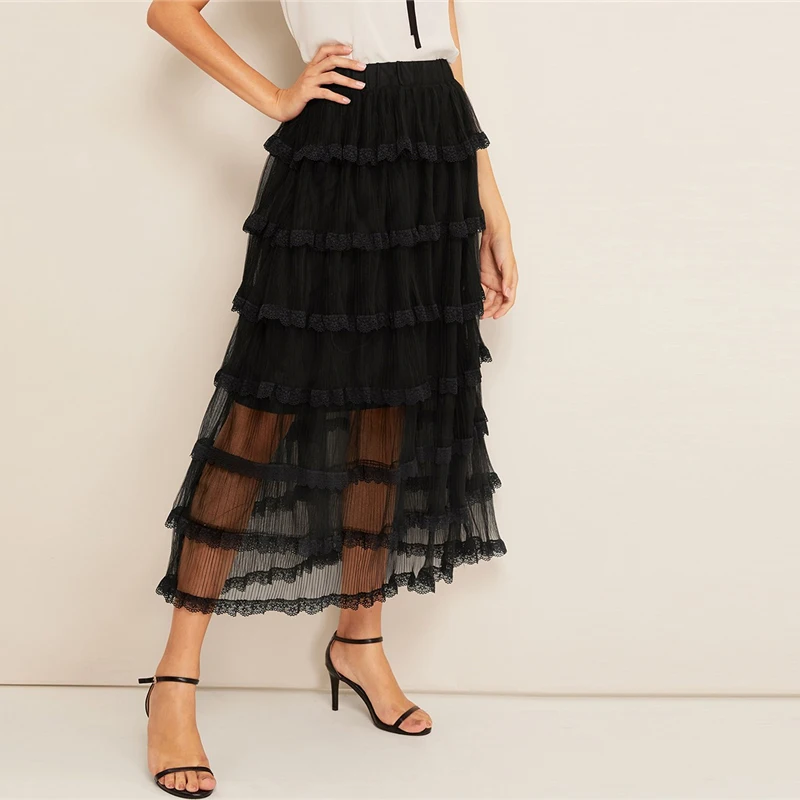SHEIN Многослойная Сетчатая Юбка С Кружевной Отделкой, Стильная Макси Юбка С Оборками, Длинная Юбка С Кружевными Вставками