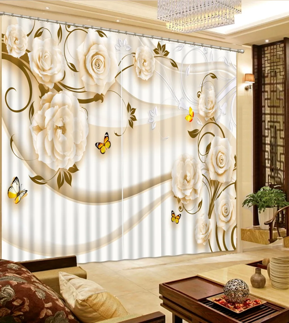 

Living Room or Hotel Cortians Window Curtains 3D Tridimensional Scenery Printing White Flower Butterfly Pattern 3D Curtain