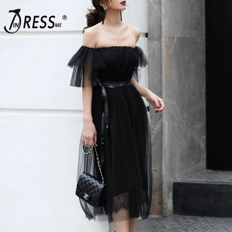 Женское вечернее платье INDRESSME однотонное Сетчатое до колена с пышными рукавами