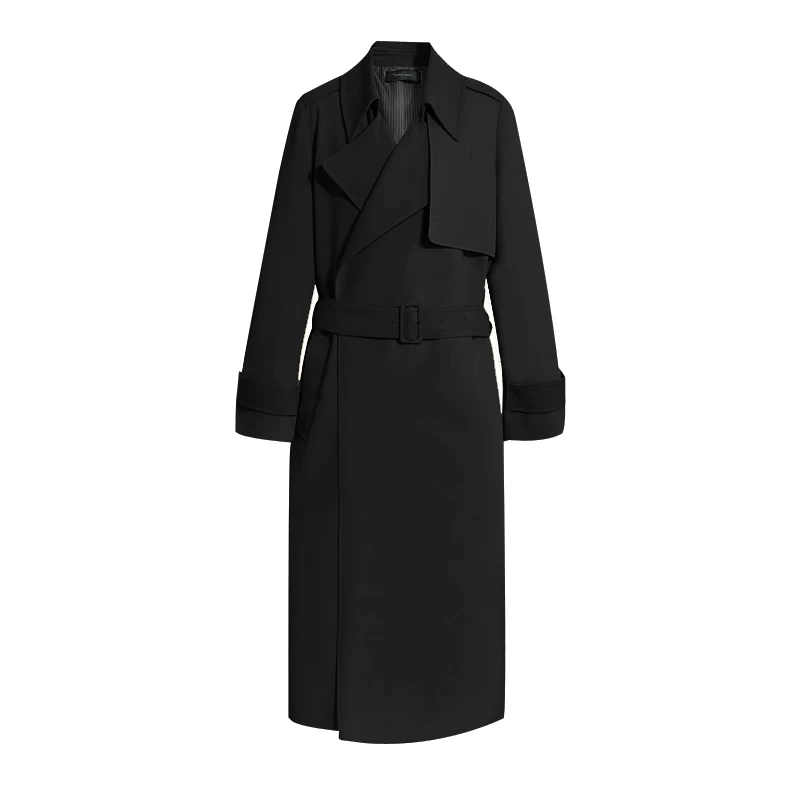 Black Women Trench Coat New Casual Long Streetwear Broadcloth Full Turn-down Collar Belt Wide-waisted Solid Classic | Женская одежда