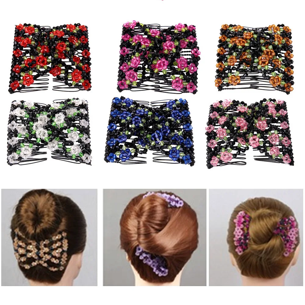 

Four Seasons Fashion Hair Comb Women Magic Elasticity Flower Beads Claws Clip Makeup Band Headwear Hoop Scrunchie DIY Tools 1Pcs