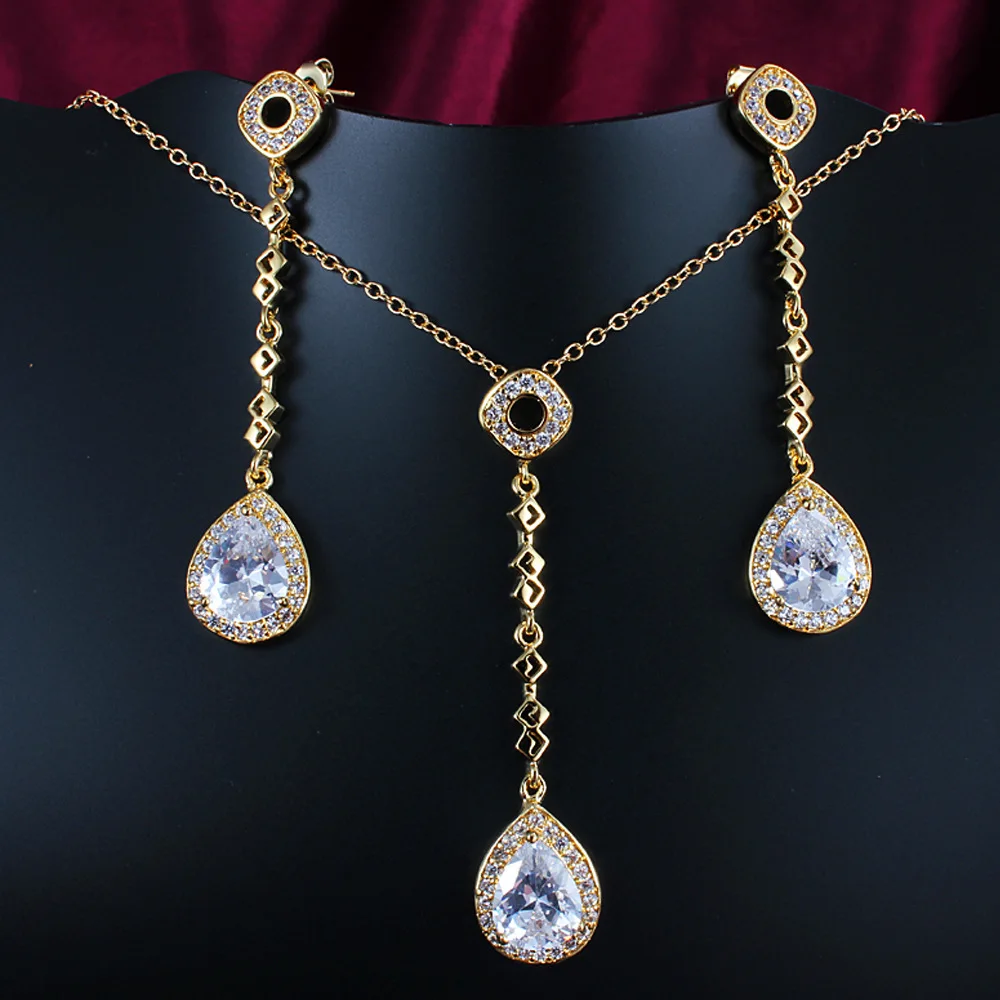 

Drop Jewelry Set Yellow Gold Filled Wedding Womens Pendant Earrings Set