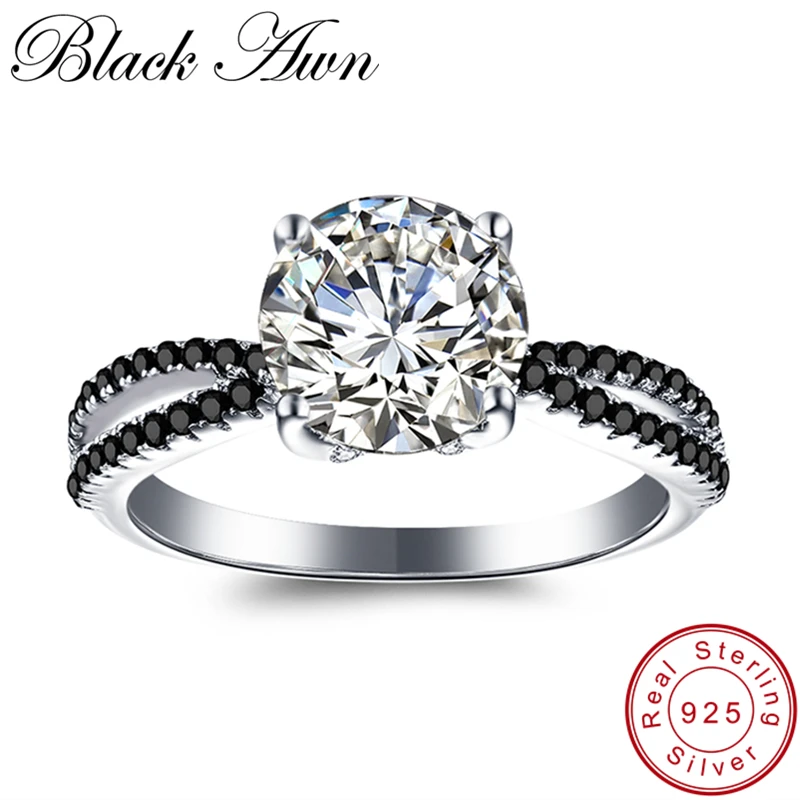 

[BLACK AWN] Trendy 3.1g 925 Sterling Silver Fine Jewelry Bague Round Black Spinel Engagement Rings for Women Bijoux C341