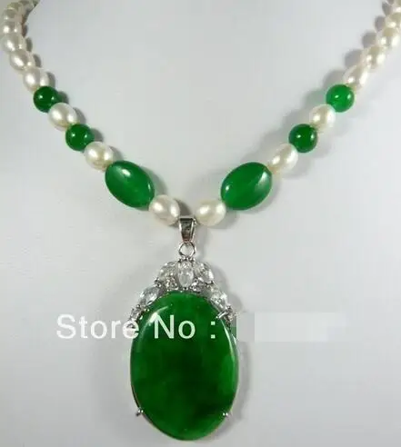 

Design White 7-8 Genuine Pearl oval Big Green Jades pendant women Jewelry Necklace 18inches