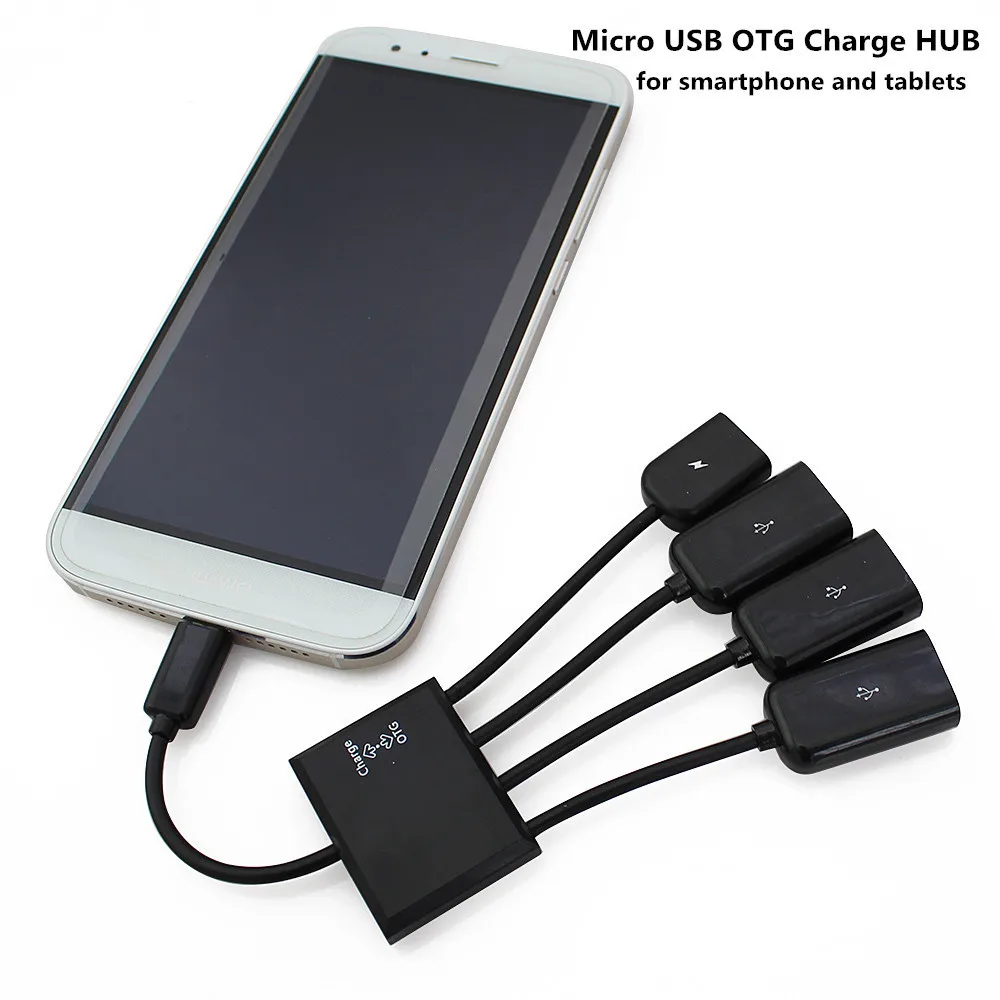 Черный 4 Порты и разъёмы Micro USB Мощность зарядки OTG Кабель концентратор для