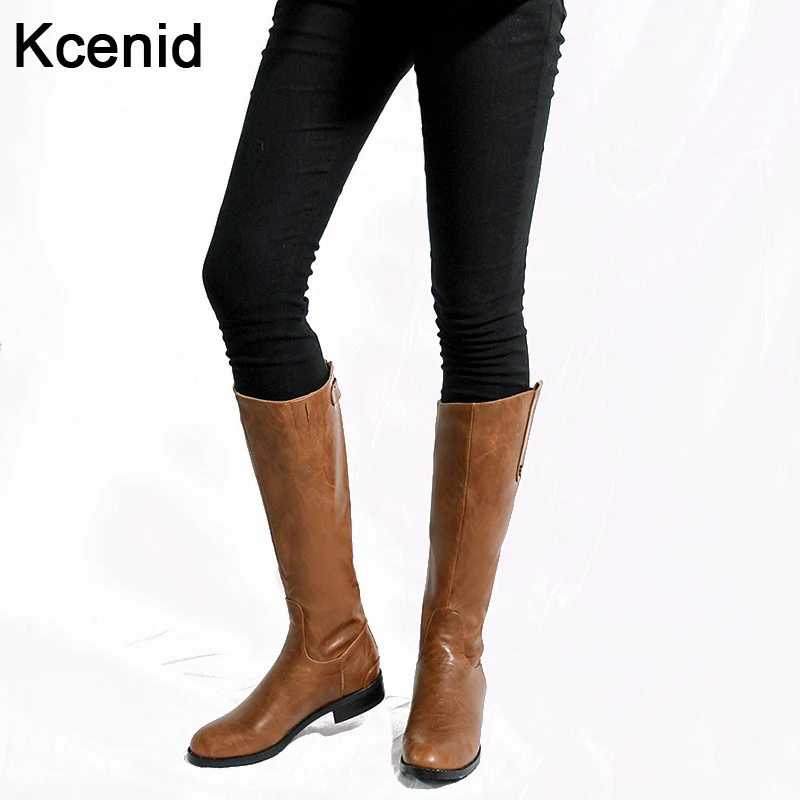 Kcenid/Большие размеры 34-43; Лидер продаж; модные зимние сапоги; винтажные женские сапоги до колена с круглым носком на низком каблуке; коричневая обувь на молнии сзади