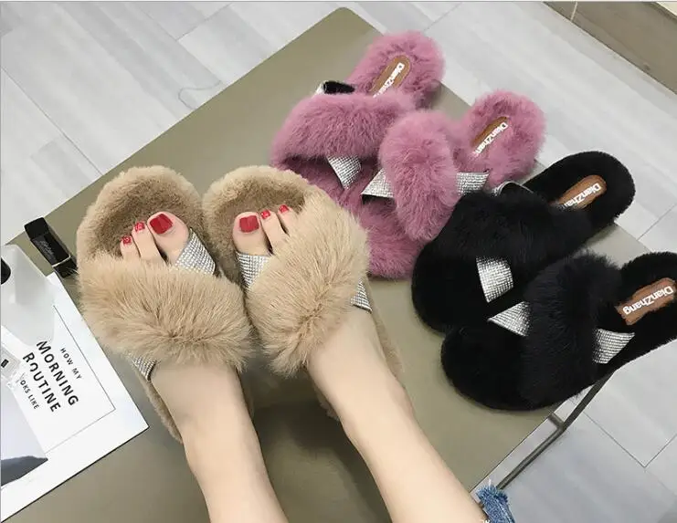 COOLSA/зимние тапочки со стразами и кроличьим мехом; модные домашние плюшевые теплые блестящие шлепанцы; женская пушистая мягкая обувь на плоской подошве