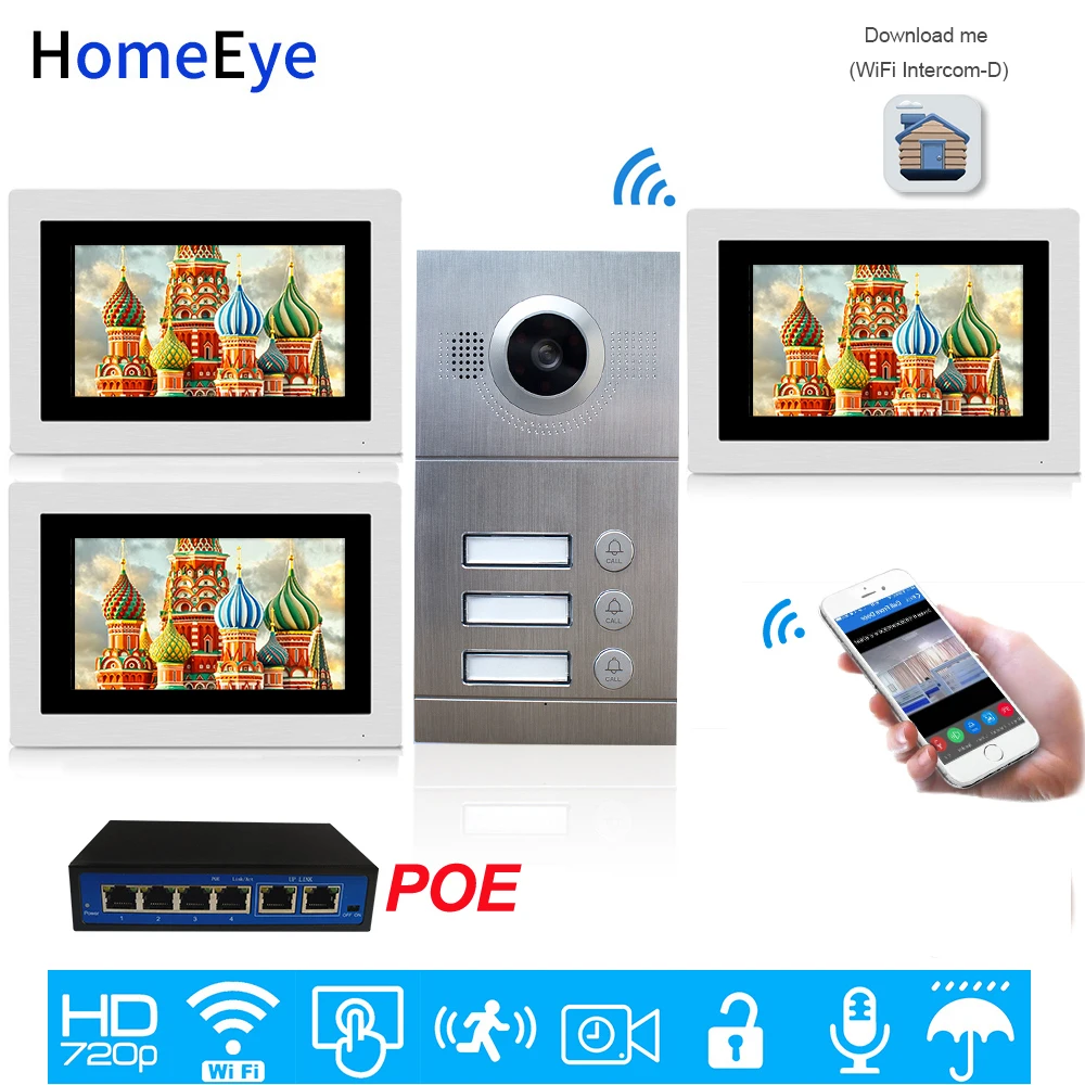 Видеодомофон 3 дома 720P 7 дюймов Wi Fi поддержка POE|Видеодомофон| |