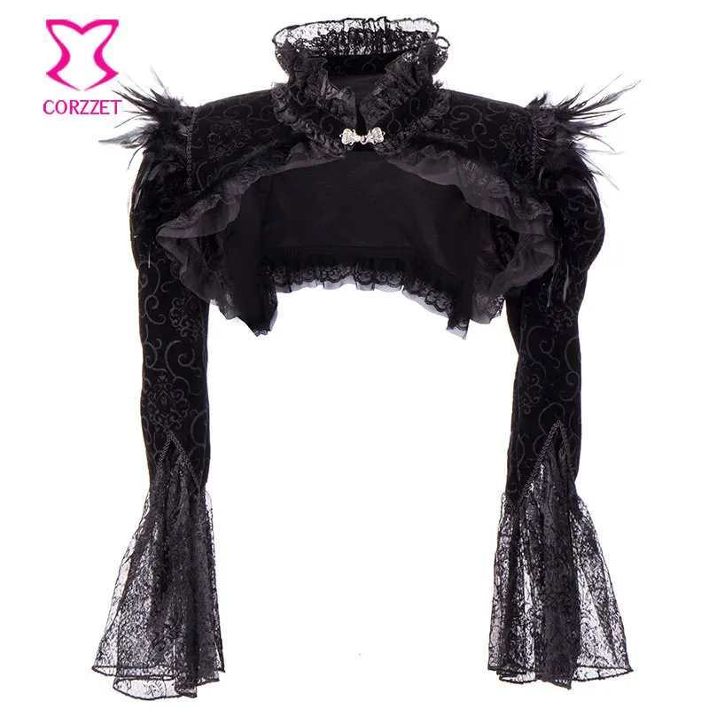 

Black Flannel Feathers Single Button Stand Collar Lace Flare Sleeve Short Vintage Steampunk Coat Gothic Victorian Jacket Women