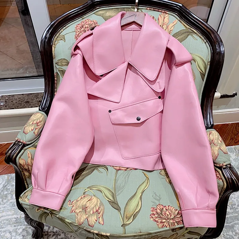pink Новинка, Женская куртка из натуральной овечьей кожи, Короткая свободная Кожаная Мотоциклетная кожаная одежда, женская короткая куртка из натуральной овечьей кожи - Цвет: pink