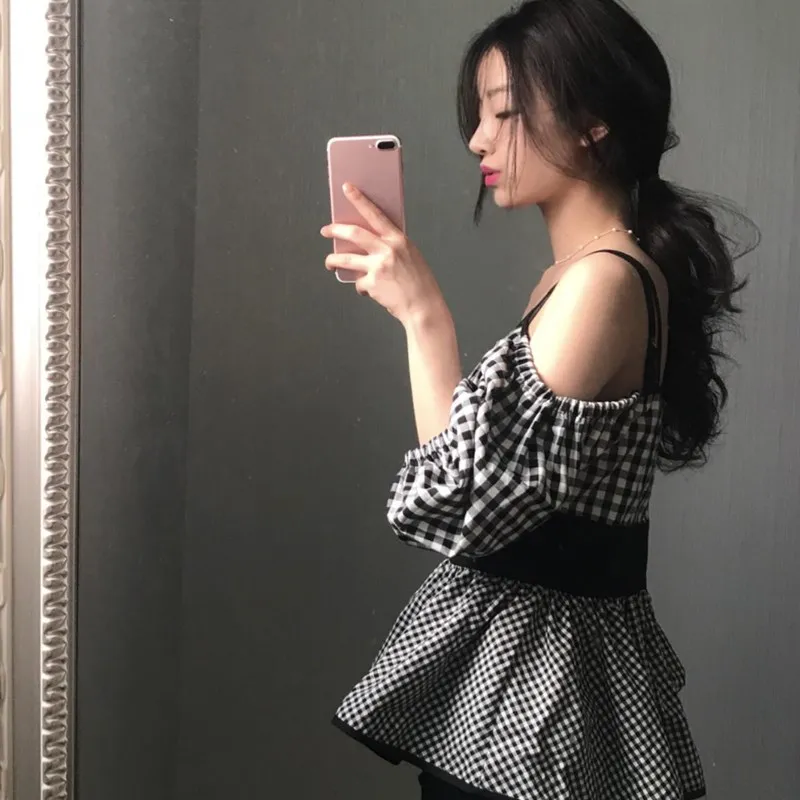 Корейская одежда клетчатые блузки женское с буфами рукавом v образным вырезом