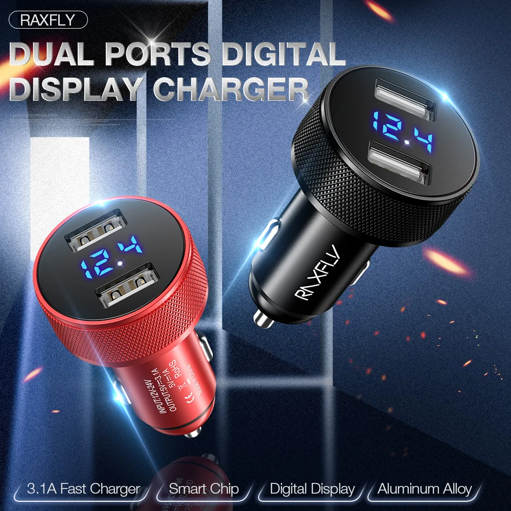 Автомобильное зарядное устройство RAXFLY Dual USB с цифровым дисплеем для iphone 7 X