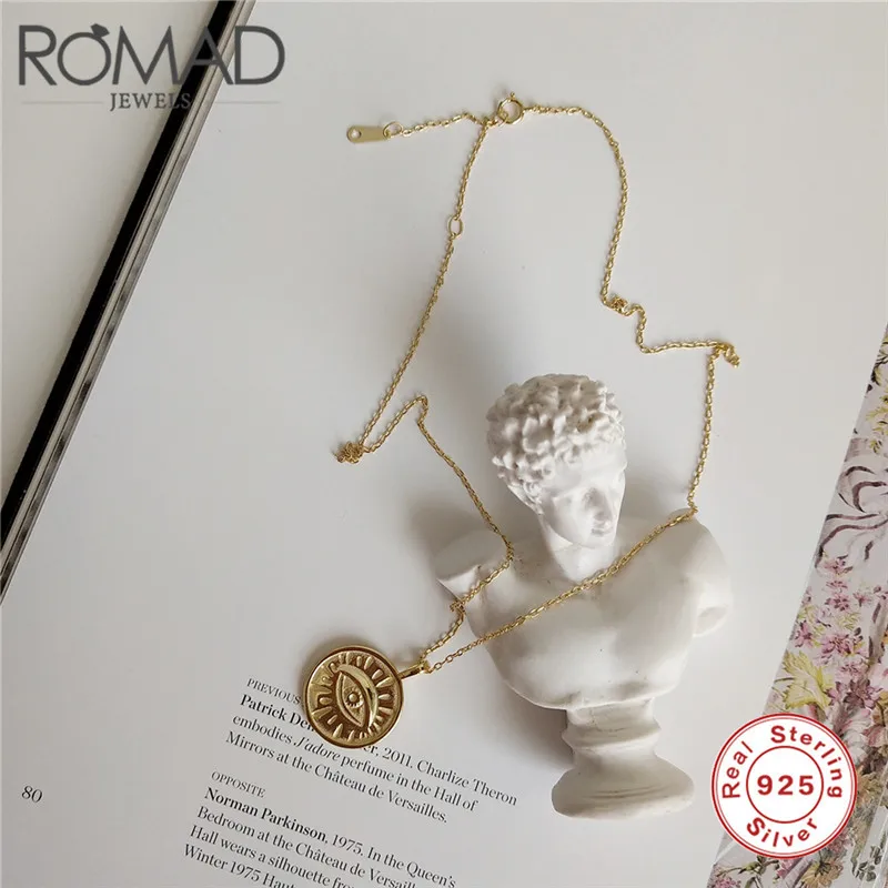 

ROMAD Real 925 Sterling Silver Gold Color Eye Pendant Necklace Round Simple Elegant Creative Necklace For Women Jewelry Gift R4