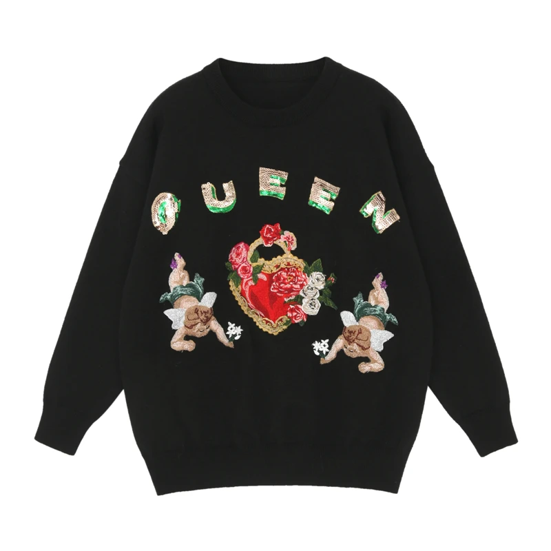 2019 Winter Runway Luxury Angel Embroidery Women Knit Sweater Pullovers Vintage Queen Letter Sequins Christmas Knits Jersey | Женская