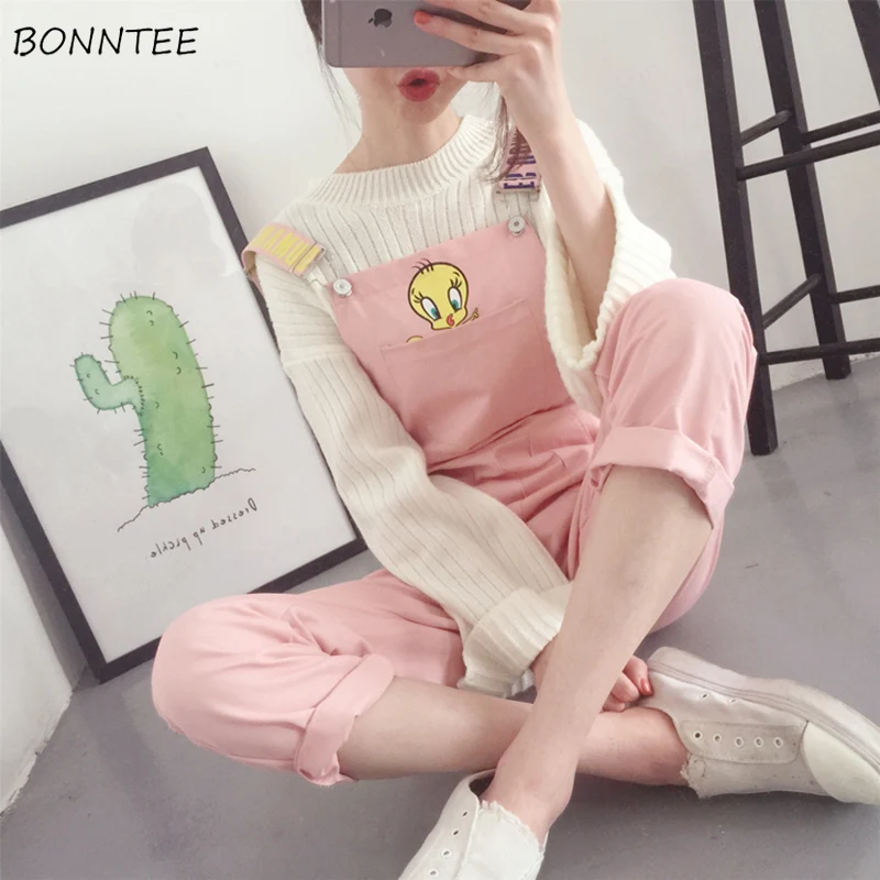 Комбинезоны женские мультфильм Kawaii сладкий розовый мягкий Универсальный досуг женские модные Студенты шикарные женские простой в Корейском Стиле Прекрасный