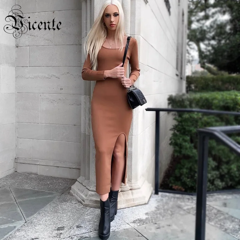 Женское длинное платье с разрезом VC повседневное Бандажное длинным рукавом и