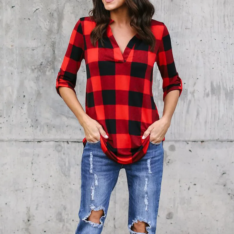 Складной с v образным вырезом и длинным рукавом плед пуловер Блузка женские