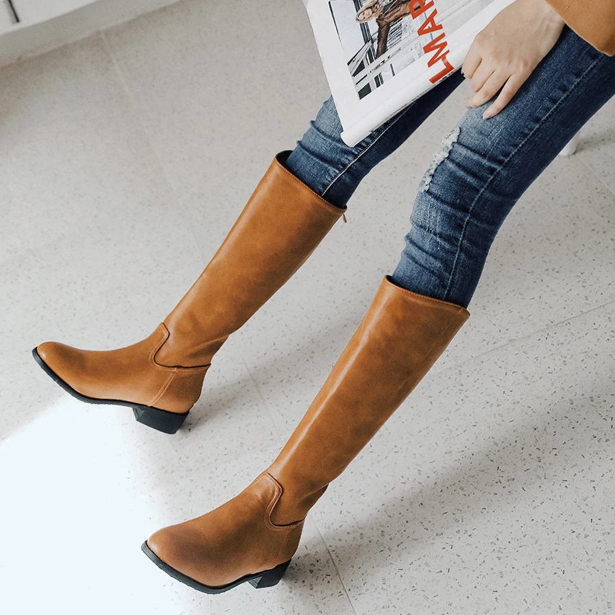 

WETKISS Knee High Boots Women Low Heels Boot Round Toe Shoes Female Motorcycle Shoes Ladies Zip Shoes Winter Plus Size 32-46